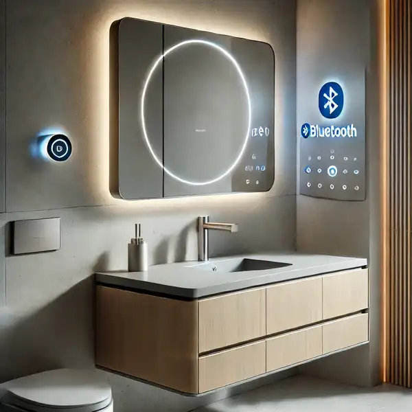 A modern smart bathroom vanity with built in lighting, a mirror that does not fog up, and a touchless faucet