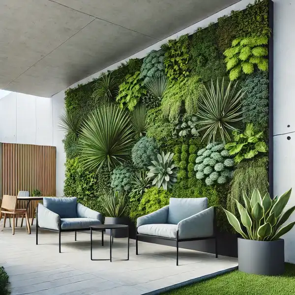 A modern vertical plant wall in an outdoor space