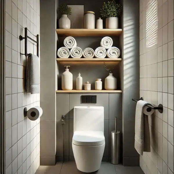 Modern Bathroom Storage Ideas A small modern bathroom with an over the toilet storage shelf