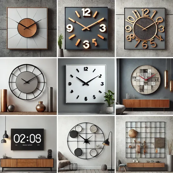 7. A collage of six modern wall clocks, each representing different styles minimalist, oversized, industrial, digital, artistic, and a feature