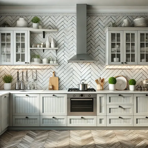 Modern kitchen backsplash ideas with a stylish backsplash featuring a blend of subway tiles arranged in a herringbone pattern