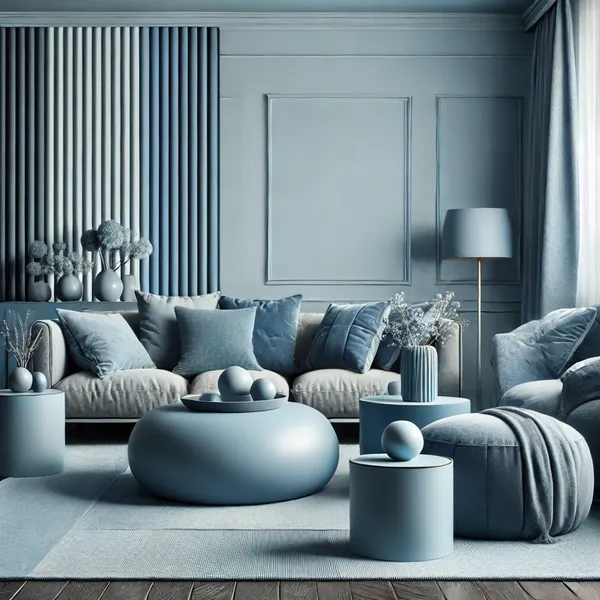 2. A stylish room with a monochromatic color scheme featuring varying shades of blue