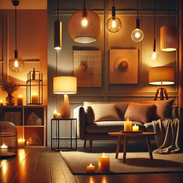 4. A cozy modern interior with warm, ambient lighting including pendant lights, table lamps, and floor lamps