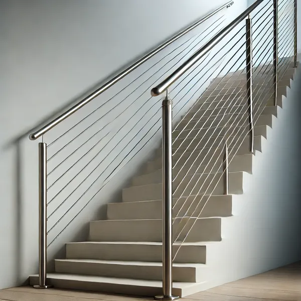 A modern cable stair railing featuring stainless steel cables stretched between sleek metal posts