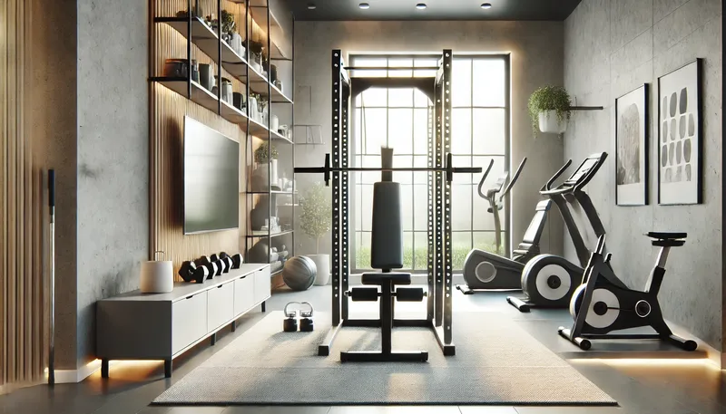 Amodern home gym with a sleek design, compact equipment, and a clean, contemporary aesthetic, showcasing the perfect