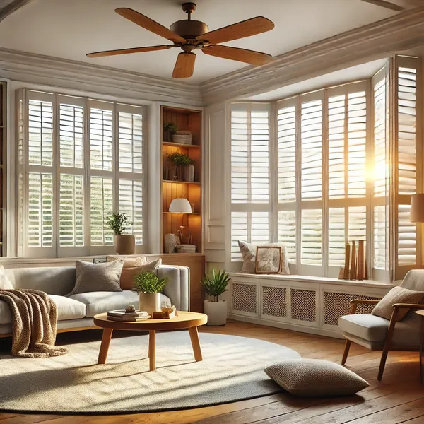 Modern window shutters A beautifully designed interior showcasing plantation shutters with large slats