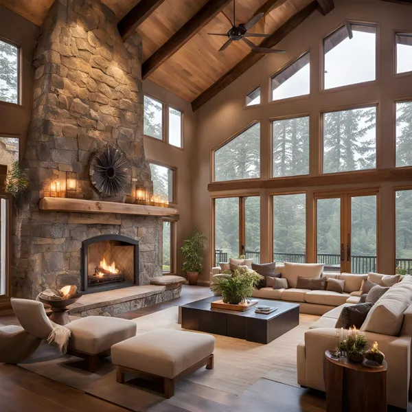 modern rustic living room with fireplace 02